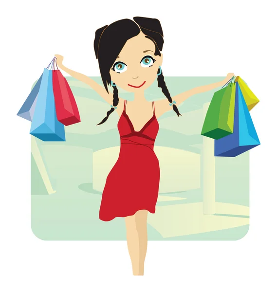 Beautiful Young Lady Shopping Town — Stock Vector