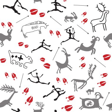 Cave Painting Hunters and Animals. Vector seamless silhouette wallpaper based on cave paintings. clipart