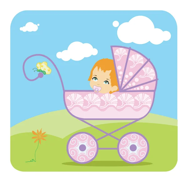 Baby Peeking Out Baby Carriage — Stock Vector