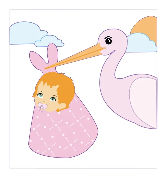 Storch Und Baby Mädchen Ankündigung Karte — Stockvektor