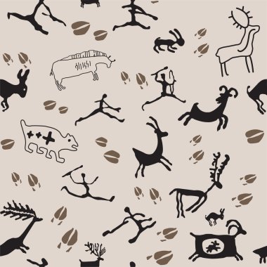 Cave Painting Hunters and Animals. Vector seamless silhouette wallpaper based on cave paintings. clipart