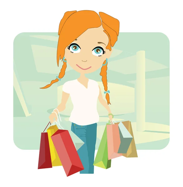 Beautiful Young Lady Shopping Town — Stock Vector