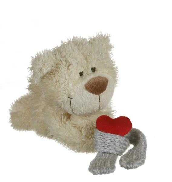 Teddybeer Met Rood Hart Witte Achtergrond — Stockfoto
