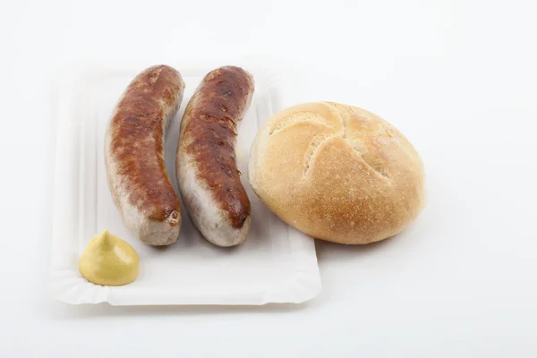 Pair Fried Sausages Mustard Zwei Bratwürste Mit Senf Und Brötchen — 图库照片