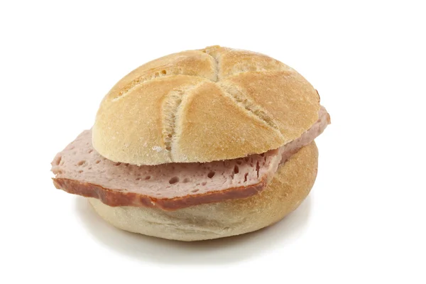 stock image Baked meatloaf on a bread roll, Fleischkäse Brötchen, auch Leberkäs Semmel genannt