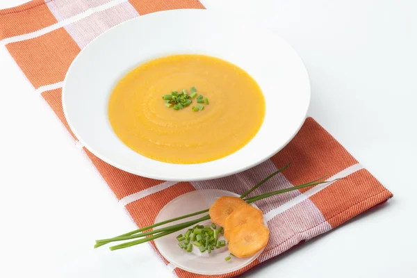 Bowl Fresh Carrot Soup Schüssel Mit Karottensuppe — Stock Photo, Image