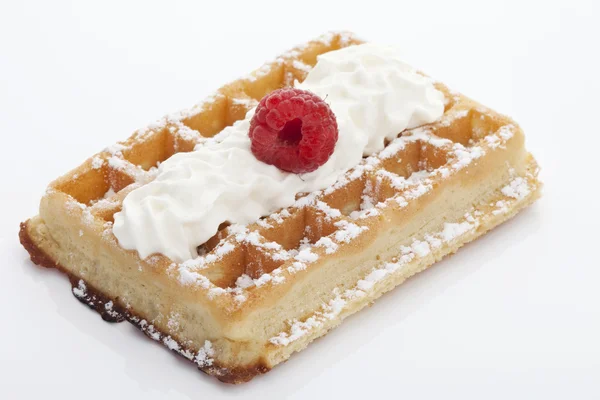 Waffle Powdered Sugar Whipped Cream Raspberry Waffeln Mit Marmelade Und — Stock Photo, Image