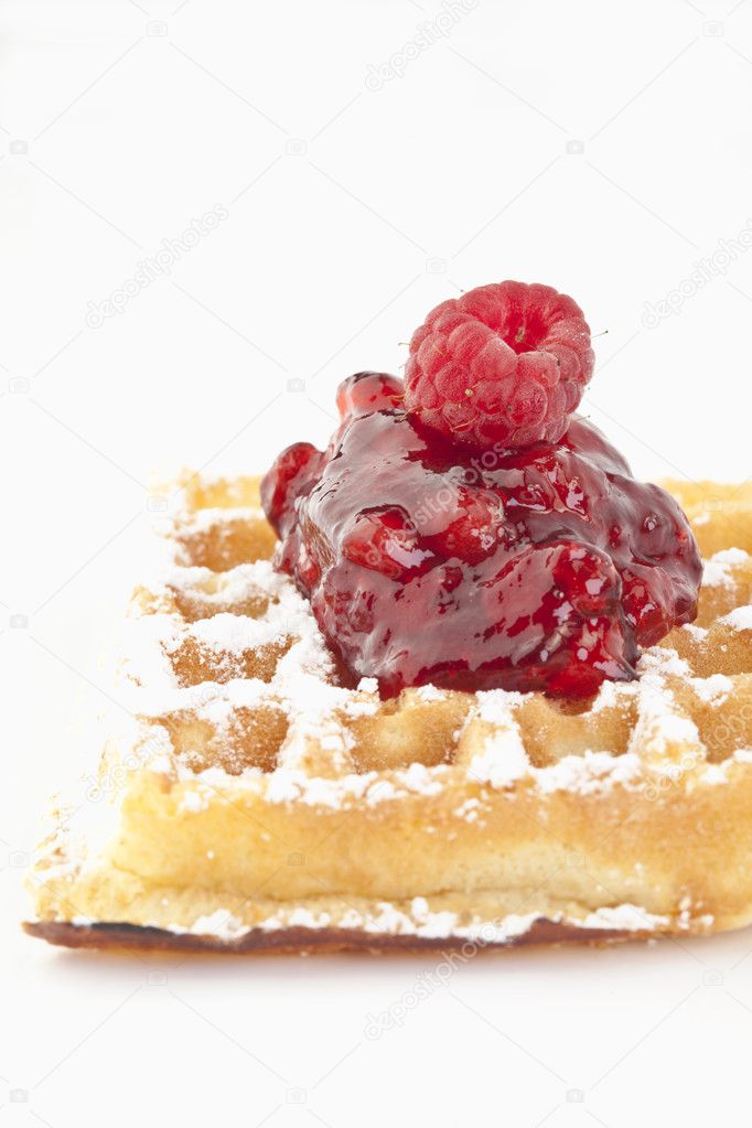 Waffle with powdered sugar and raspberry, Waffeln mit Marmelade und Himbeere