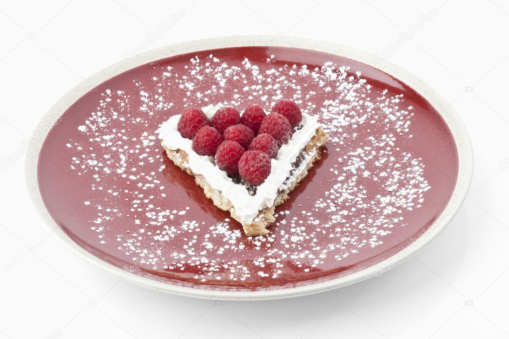 Waffle with powdered sugar, whipped cream and raspberry, Waffeln mit Marmelade und Himbeere