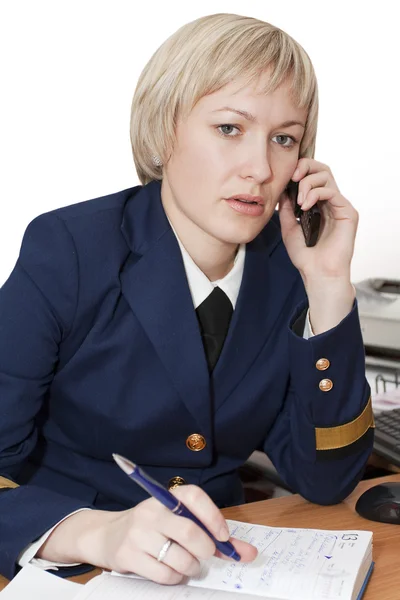 Udanego Biznesu Młoda Kobieta Rozmawia Przez Telefon Białym Tle — Zdjęcie stockowe
