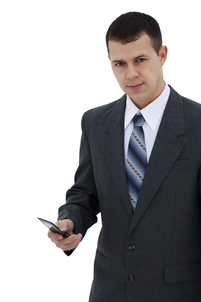 Successful Young Businessman Dials Phone Isolated — Stock Photo, Image