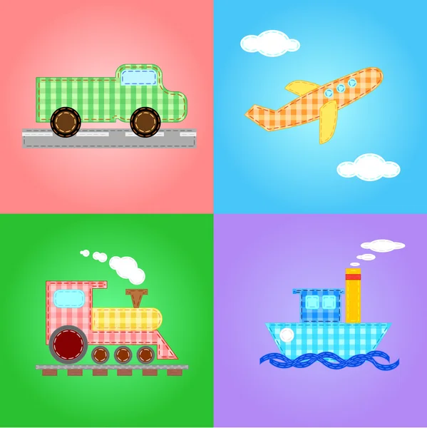 Imagens engraçadas de quatro tipos de transporte - vetor editável —  Vetores de Stock