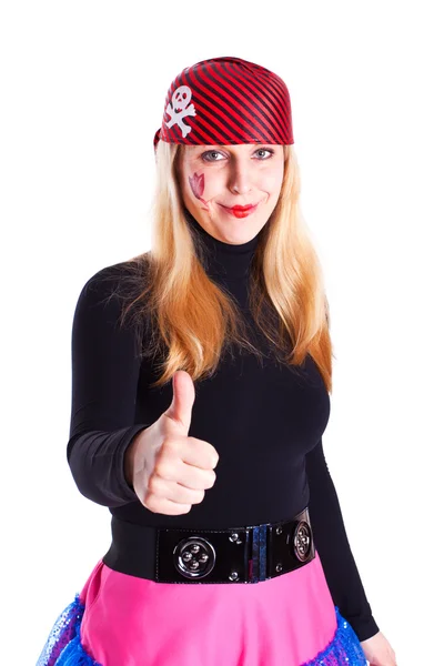 Una chica vestida de pirata con el pulgar hacia arriba — Foto de Stock