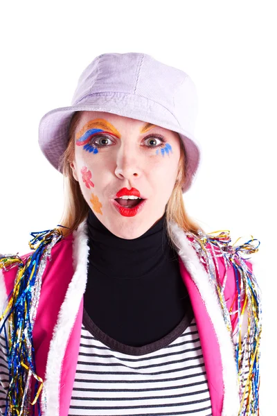 Girl clown shirt and panama hat — Stock Photo, Image