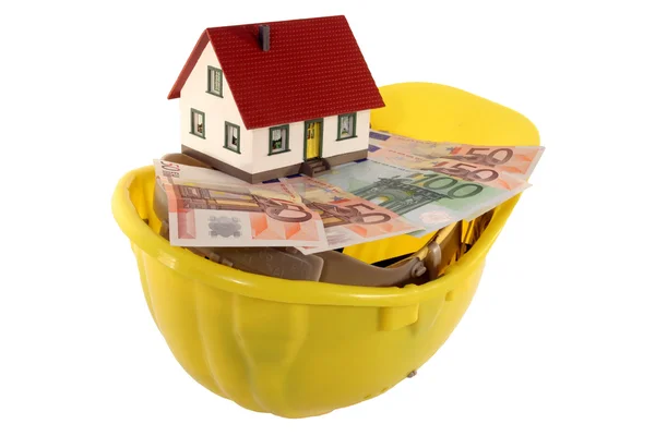 Modelo Casa Con Casco Amarillo Billetes Euros — Foto de Stock