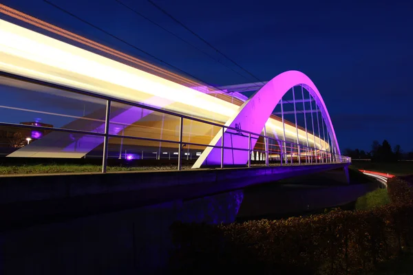 Light Rail Passing Illuminated Bridge Stuttgart Germany — Stock Photo, Image