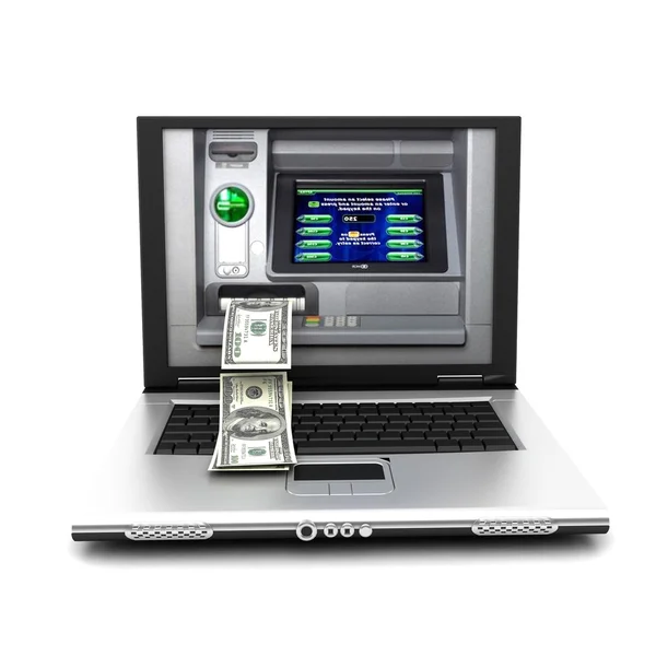 Ноутбук з грошовою машиною і доларами з екрану Ліцензійні Стокові Зображення