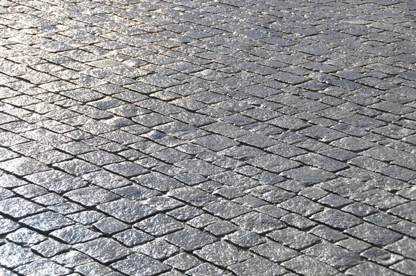 Granitpflaster Als Straßenbelagim Gegenlicht Formatfüllend — ストック写真