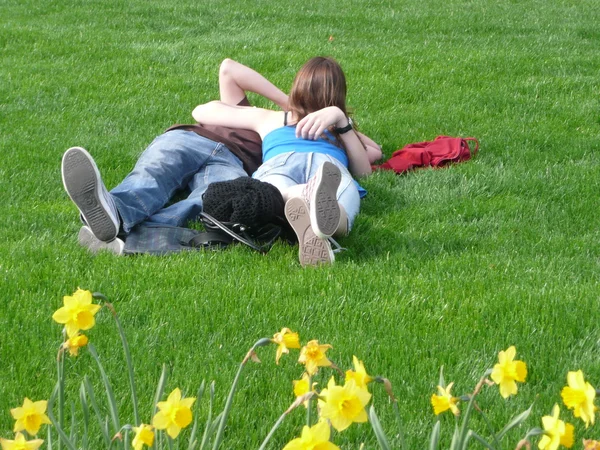 stock image Loving couple lying on grass