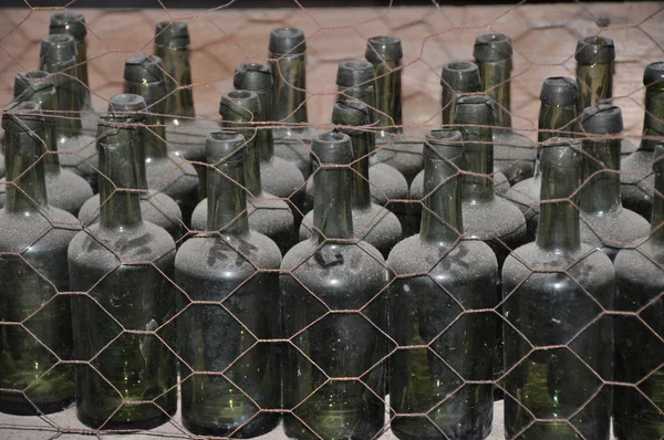 Viejas botellas en estantes de almacenamiento — Foto de Stock