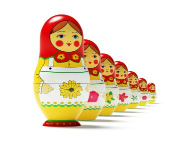 Russian dolls on white background. Russian wooden toy in the manner of painted doll, inwardly which are found like by her dolls of the smaller size. It's 3D i clipart