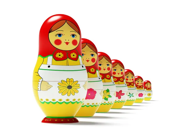白色背景上的俄罗斯娃娃 俄罗斯的木制玩具的方式画娃娃 内心发现喜欢的她的玩具娃娃的较小的尺寸 — 图库照片