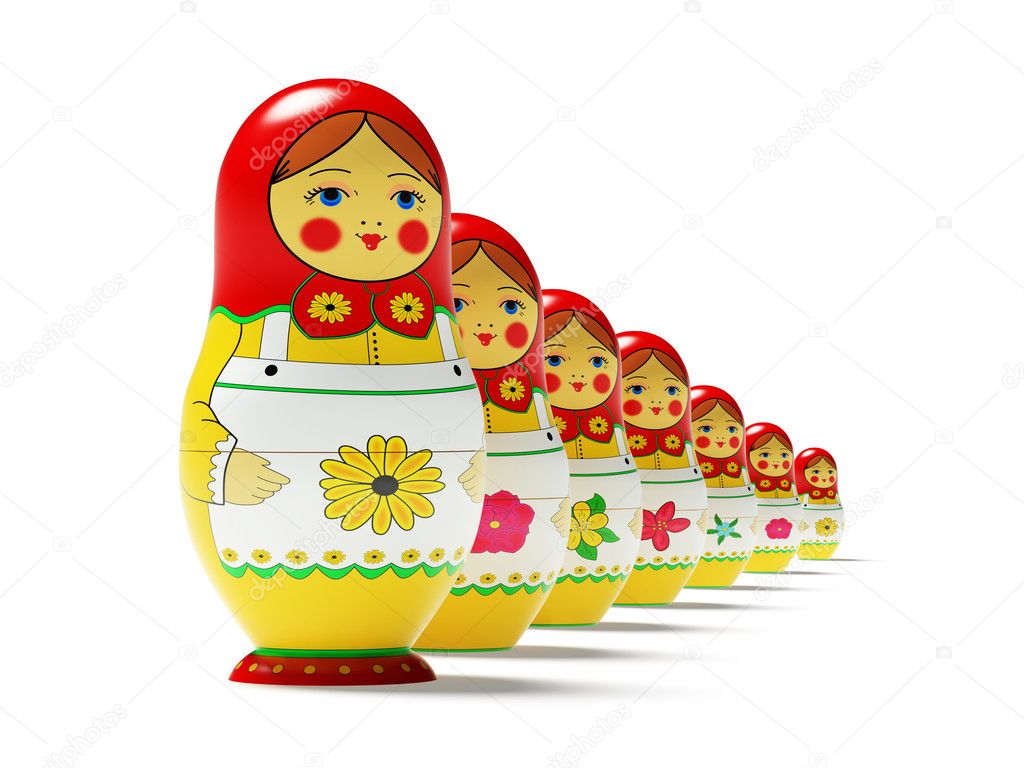 Russian dolls on white background. Russian wooden toy in the manner of painted doll, inwardly which are found like by her dolls of the smaller size. It's 3D i