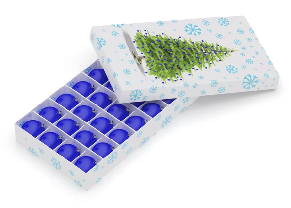 Caixa Com Bolas Ornamentais Azuis Sobre Fundo Branco Uma Imagem — Fotografia de Stock