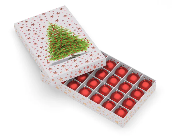 Caixa com bolas ornamentais vermelhas — Fotografia de Stock