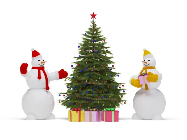 Julgran och snögubbe — Stockfoto