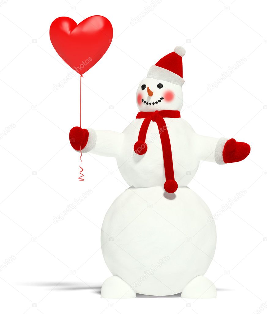 Snowman with balloon on a white background. It's 3D image.