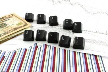Business chart and graphs with US money and the words BUY OR SELL spelled out in keyboard letters clipart