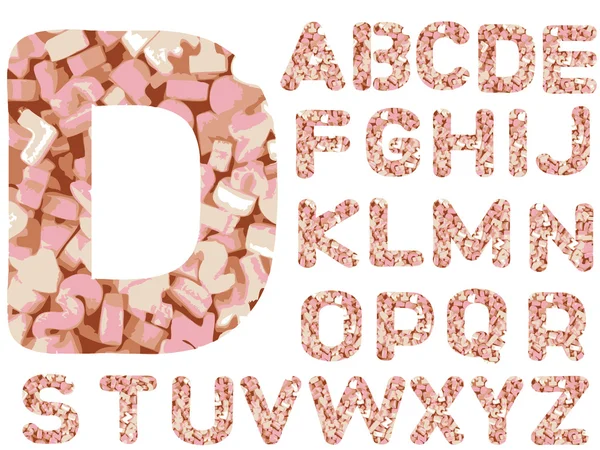 Bonbonbuchstaben Handgezeichnete Schrift Mit Zweifarbigen Bonbonsüßen Buchstaben — Stockvektor