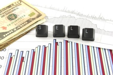 Business chart and graphs with US money and the words SELL spelled out in keyboard letters clipart