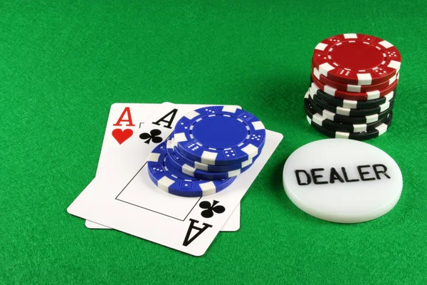 Playing Cards Showing Pair Aces Poker Chips Next Them — Stock Photo, Image