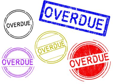 5 Grunge effect Office Stamp with the word OVERDUE in a grunge splattered text. (Letters have been uniquely designed and created by hand) clipart