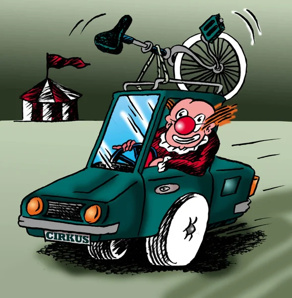 De clown gaat op de auto van een-wielen — Stockfoto