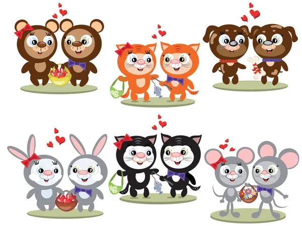 Set Couples Cartoon Animals Valentine Day — Stock Vector