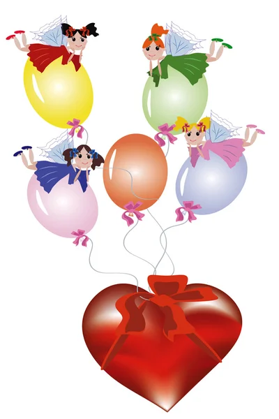 Fairies Flying Balloons Tied Heart — Stock Vector
