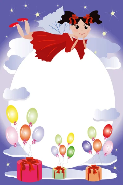 Hada Divertida Volando Las Nubes Marco Para Cumpleaños — Vector de stock