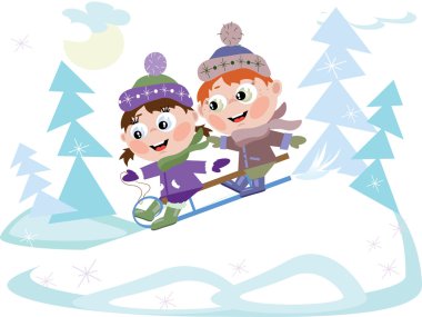 Winter: Ice sledges little girl and boy clipart