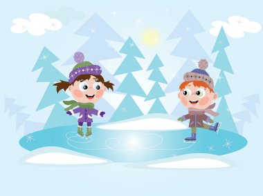 Kış: buz pateni küçük kız ve erkek