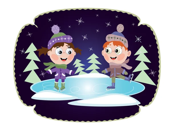冰滑冰的小女孩和男孩 — 图库矢量图片