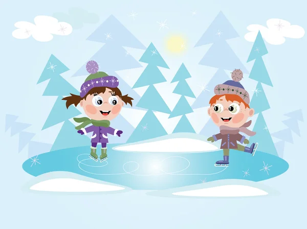 Vinter Ice Skating Lilla Flicka Och Pojke — Stock vektor