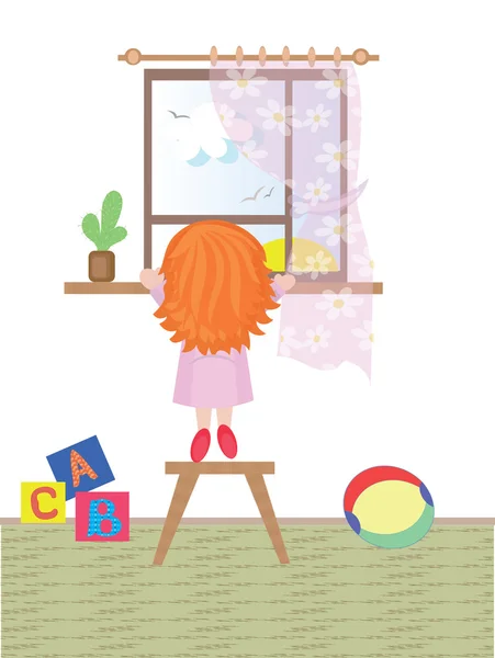 Κορίτσι ψάχνει στο παράθυρο — Διανυσματικό Αρχείο
