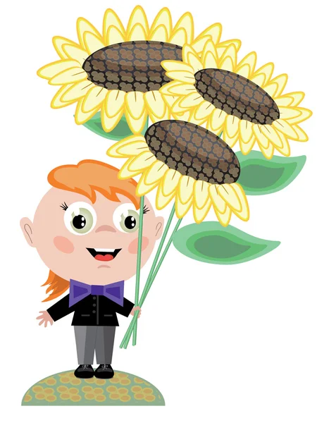 Redhead Boy Sunflowers — Stock Vector