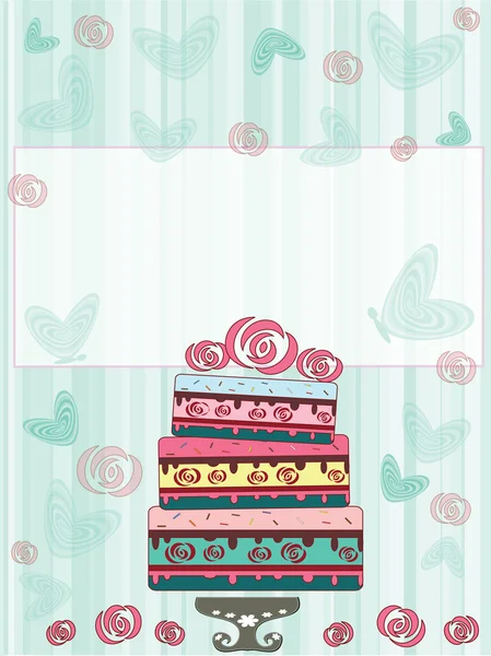 Postkarte mit Kuchen und Rosen — Stockfoto