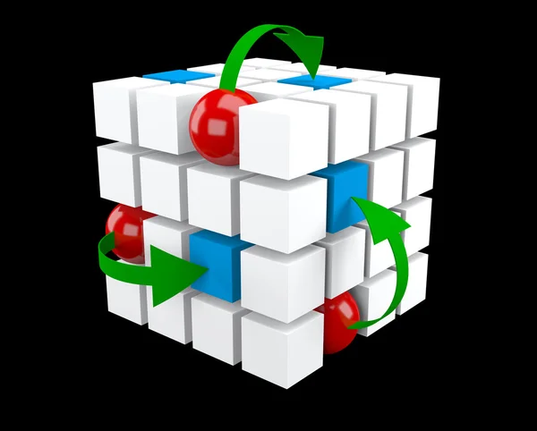 3D-kubus whith pijlen en bollen — Stockfoto