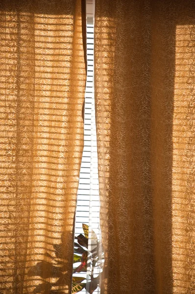 窗帘上的早晨的阳光从窗口保护 图库图片