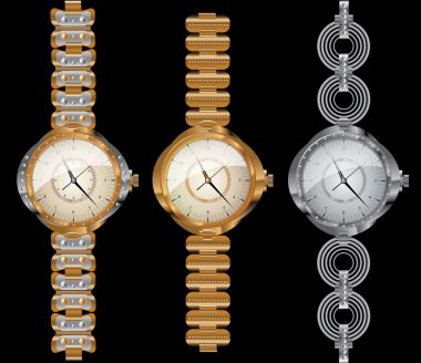 Watches made of gold, platinum and silver with diamonds, contemporary design. clipart